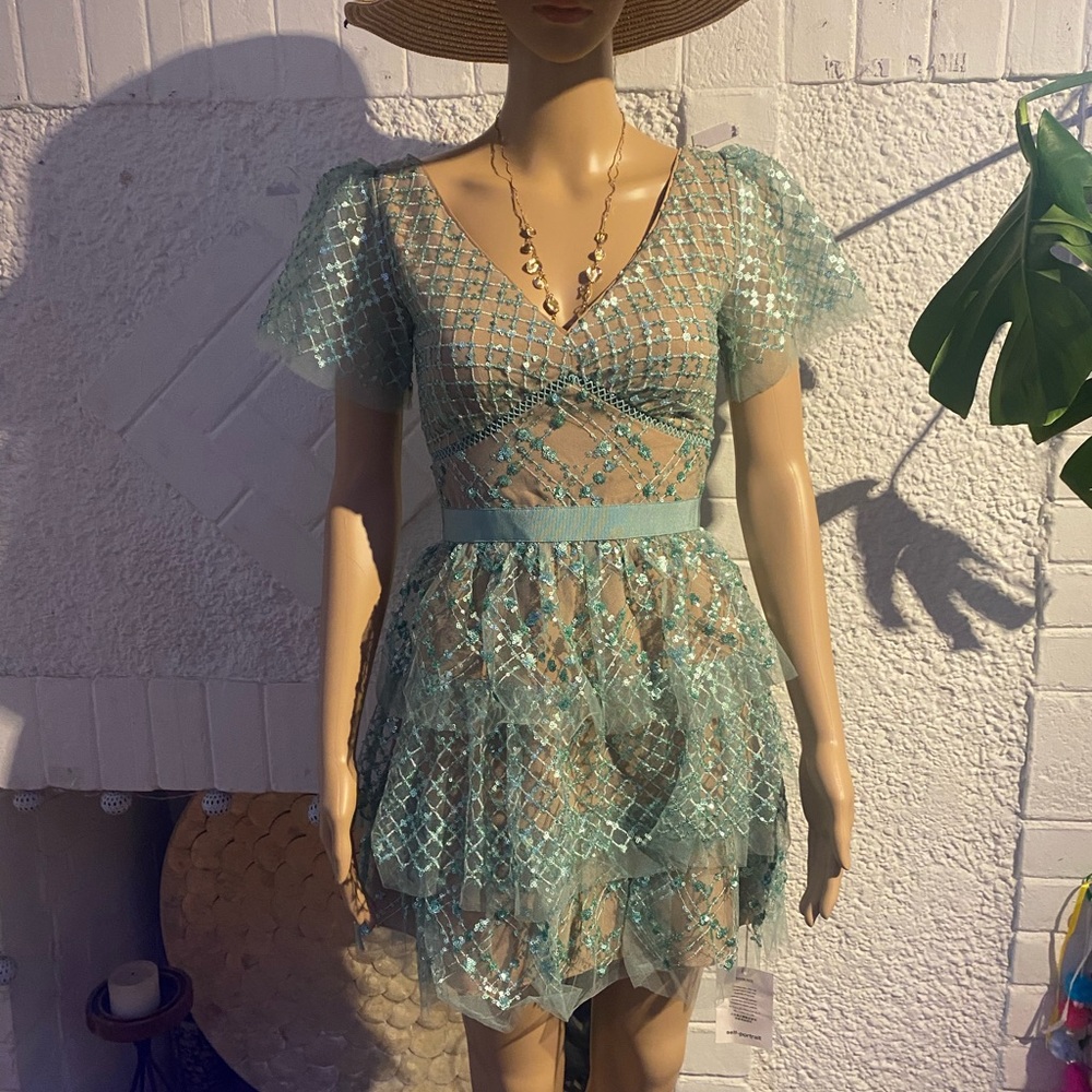 Self-Portrait Teal Sequin Mini Dress